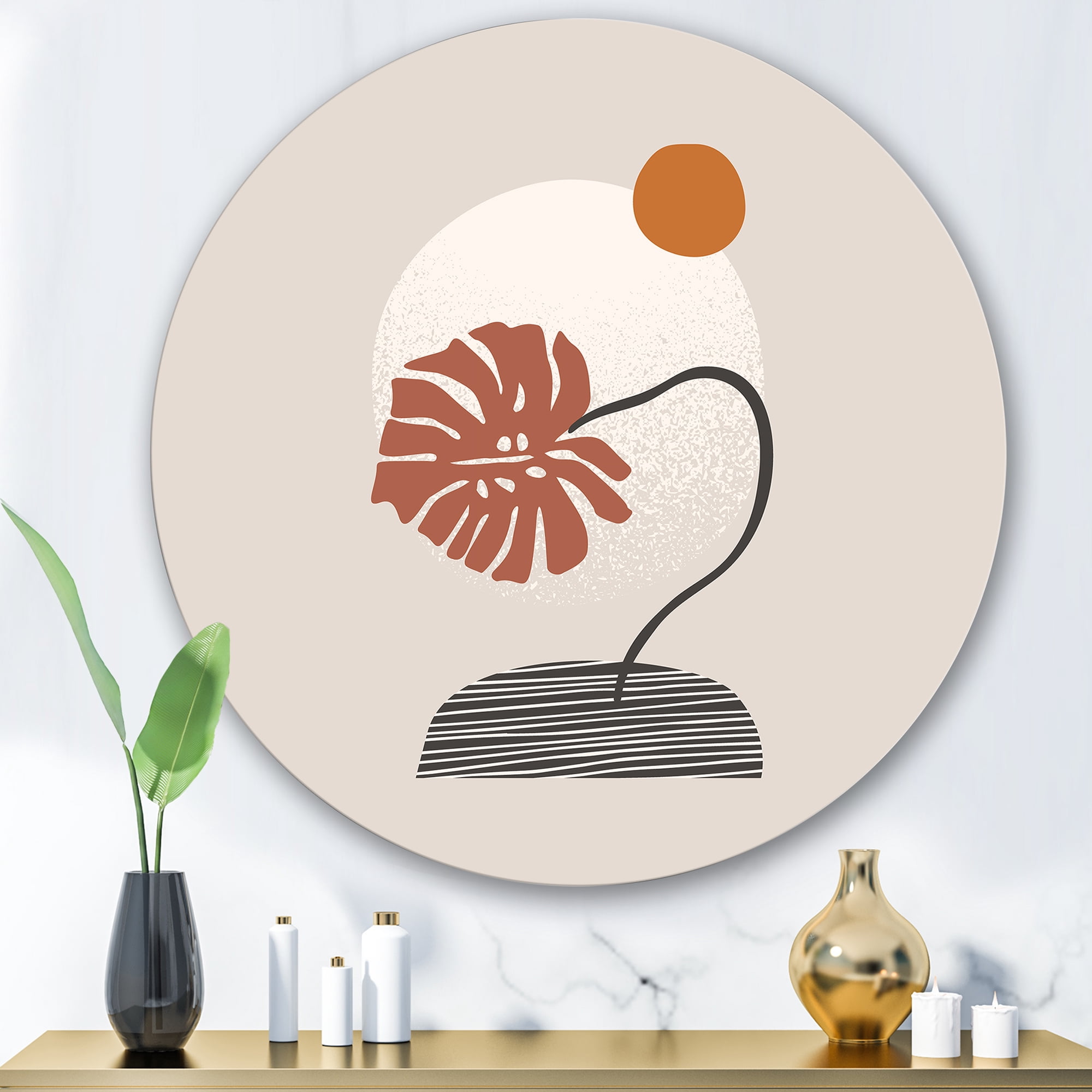 Designart 'Abstract Geometry Shapes and Tropical Palm Leaf III' Modern Circle Metal Wall Art 36x36 - Disc of 36