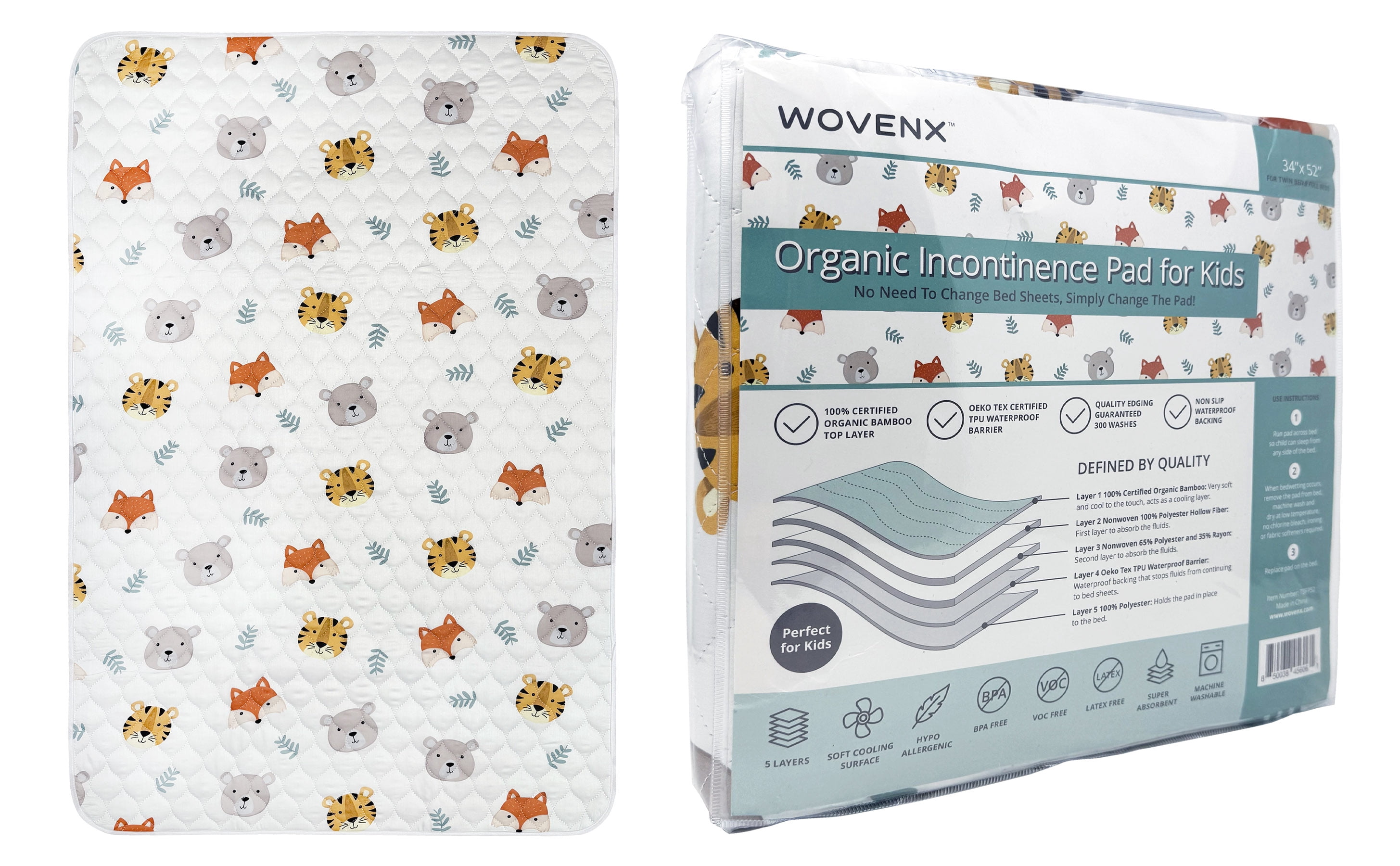 WOVENX Organic Incontinence Pads for Kids & Toddlers - 5 Layer Waterproof Protectors for Overnight Bed Wetting - Reusable & Washable Pee Pads - Fits Twin to Full Size Beds - 34" x 52" Tiger Bear Fox