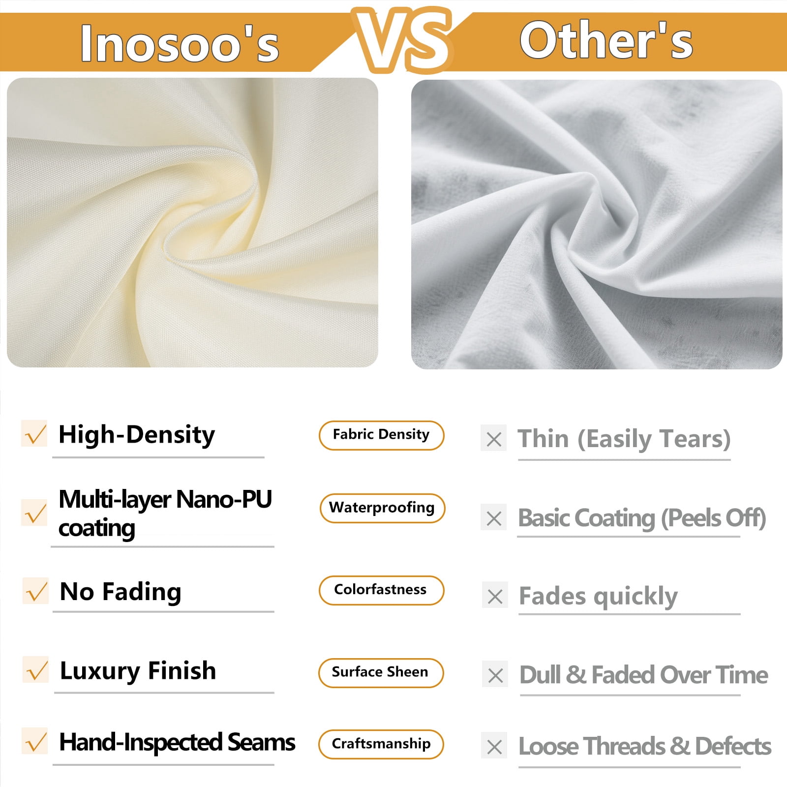 Inosoo Fabric Shower Curtain Liner, 72"W x 84"H Waterproof Shower Liner with Hooks, Extra Long Cloth Shower Curtain, Mildew Resistant & Machine Washable, Beige