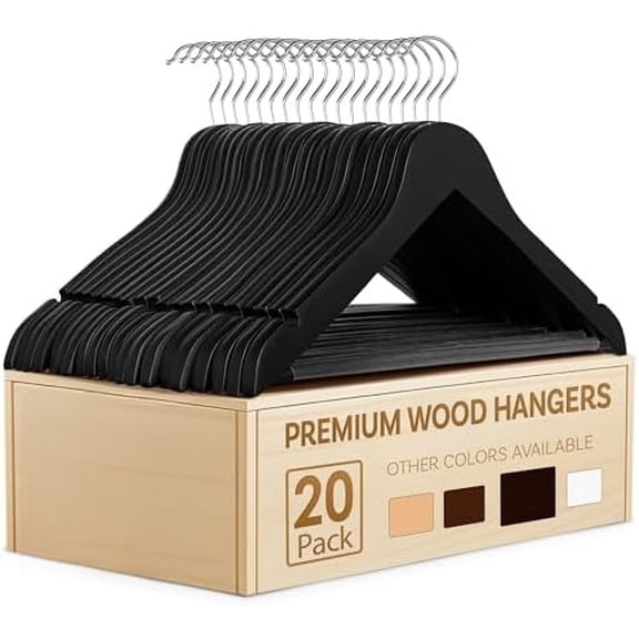 Black Wooden Hangers - 20 Pack, Heavy Duty, Non Slip Wood Hangers for Coats, Jackets, Suits, & Pants - Coat Hangers for Closet W/Bar and Notches