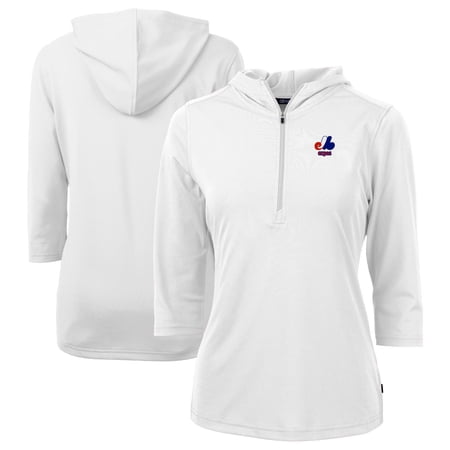 Women s Cutter & Buck White Montreal Expos Cooperstown Collection DryTec Virtue Eco Pique Recycled 3/4-Sleeve Half-Zip