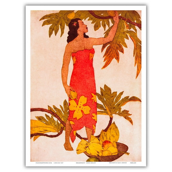 Breadfruit Girl - Hawaii - Royal Hawaiian Hotel - Vintage Color Aquatint Etching by John Melville Kelly c.1940s - Master Art Print (Unframed) 9in x 12in