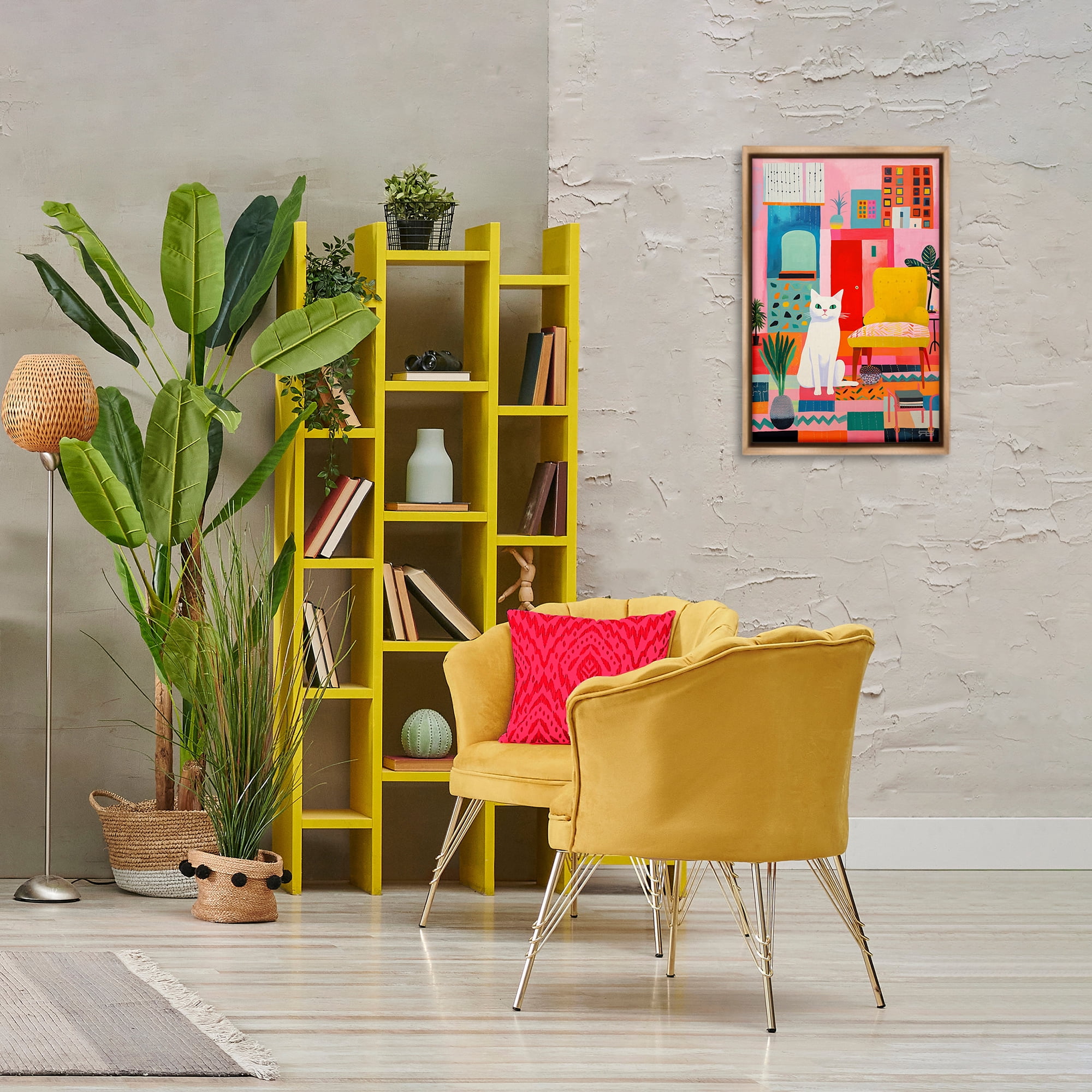 Stupell Industries Cat in Eclectic Interior Animals & Insects Painting Brown Floater Framed Canvas Art Print Wall Art, 17 x 25