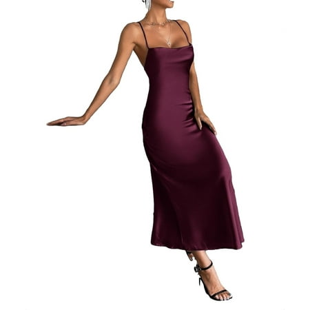 

Womens Tie Backless Solid Cami Dress Purple L