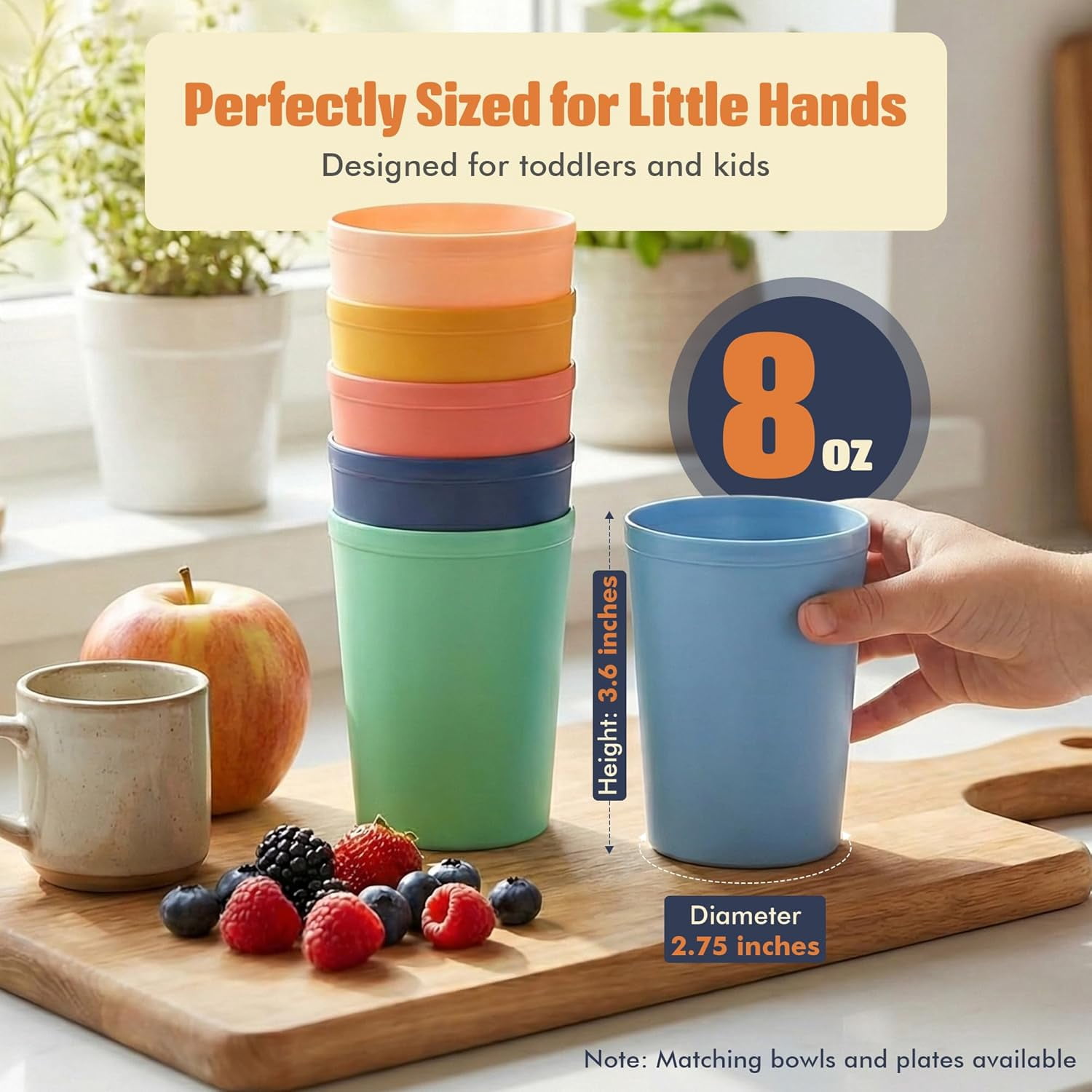 6 Pcs. Small Reusable Cups –8 oz Unbreakable Drinking Glasses -Toddler Cups for Water, Juice, Milk–BPA Free Stackable Tumblers Plastic Cup set for Kitchen, Picnics, Parties- Kid-Friendly