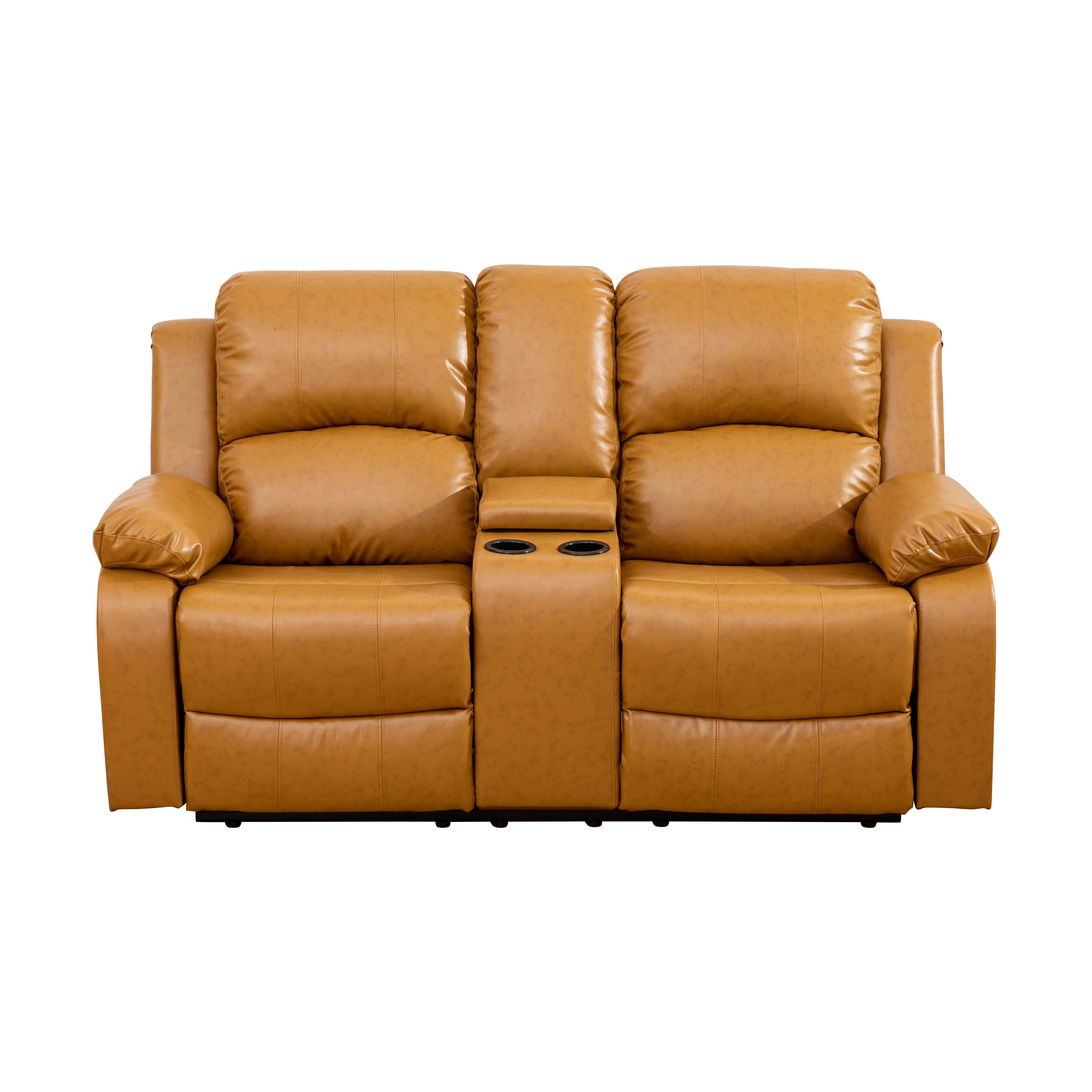MAYEERTY 82 Inch Ginger 3-Seater Semi PU & PVC Sofa, Living Room Couch with Adjustable Backrest, Storage & Coffee Table