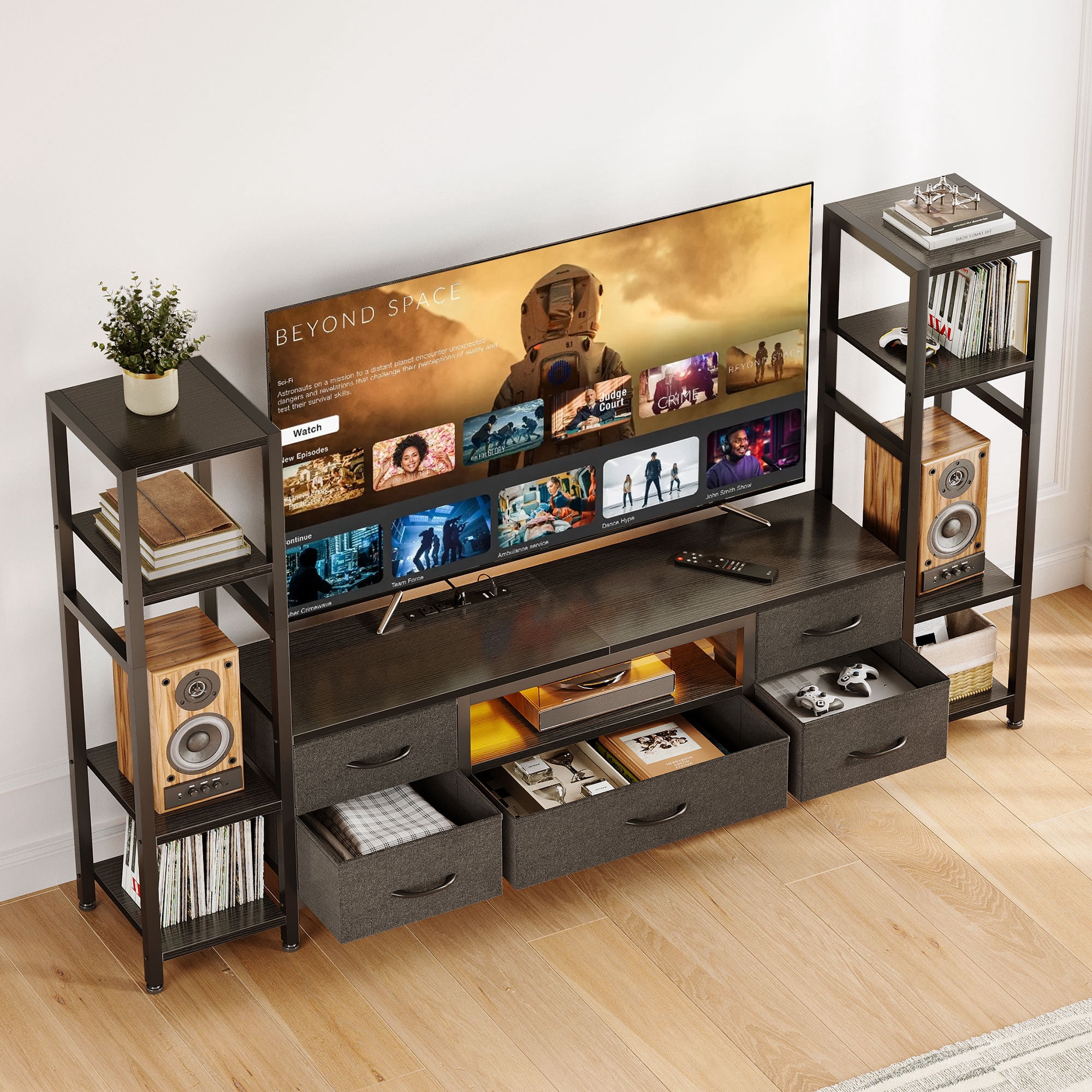 Casacomoda TV Stand up for 40–50 Inch TV, Low-Profile Entertainment Center for Small Spaces with LED Lights & Power Outlets, Storage TV Stand with Drawers & Shelves, Black