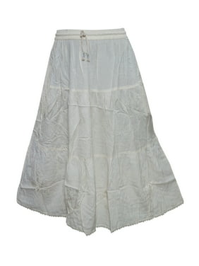 Mogul Women's A- Line Skirt White Floral Embroidered Medieval Rayon Skirts