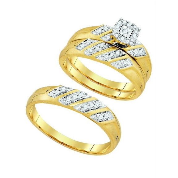 10kt Yellow Gold His & Hers Round Diamond Solitaire Matching Bridal Wedding Ring Band Set 1/4 Cttw