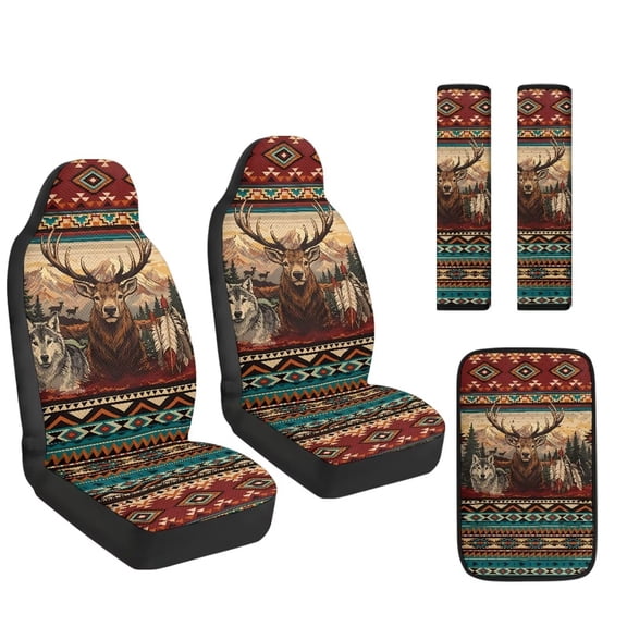 Xoenoiee Aztec Deer Wolf American Tribal Print Car Seat Covers Full Set of 5 for Women Men, Faux Leather Auto Seat Cover Protector with Seat Belt Covers and Center Console Cover