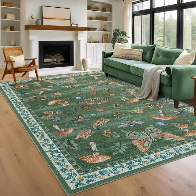 YUSAZENS 8x10 Modern Insect Floral Print Area Rug Washable Stain-Resistant Non-Slip Foldable Low Pile Carpet for Living Room Bedroom Green