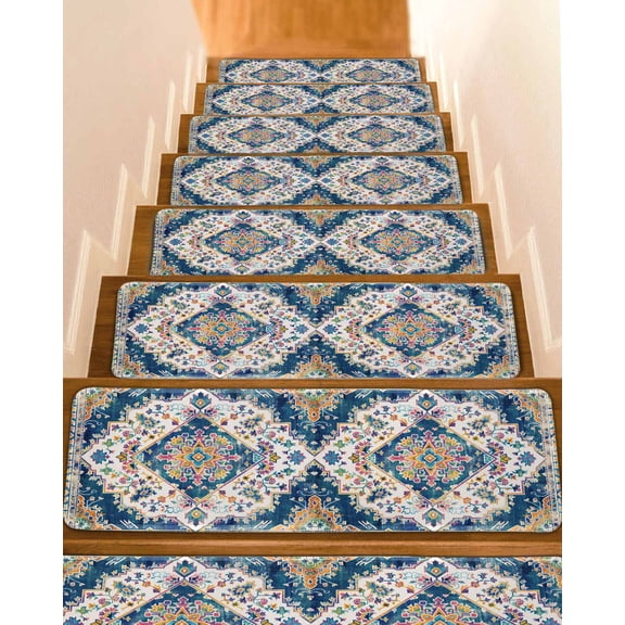 Navy Blue Yellow Stair Treads for Wooden Steps Indoor Runner Rug Carpet, Boho Southwestern Ethnic Mexican Flowers 7 Pieces Peel and Stick Staircase Step Treads Covers Washable Throw Door Mats, 30"x8"