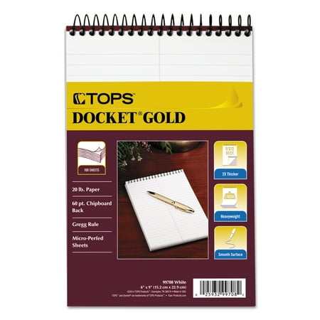 TOPS Docket Gold Spiral Steno Book, Gregg Rule, 6 x 9, White, 100 Sheets