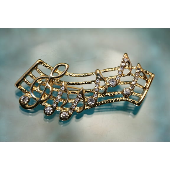 Vintage Rhinestone Gold-Tone Music Note Bar Brooch Pin, Music Note Jewelry