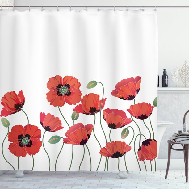 Floral Shower Curtain, Poppy Flowers in Garden Fresh Plant Idyllic
