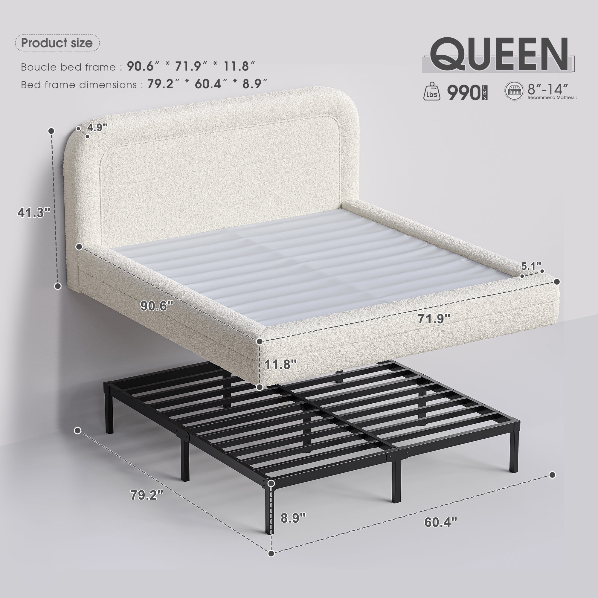 EnHomee Queen Size Cloud Bed Frame with Headboard Boucle Bed Frame with Rounded Corner, White