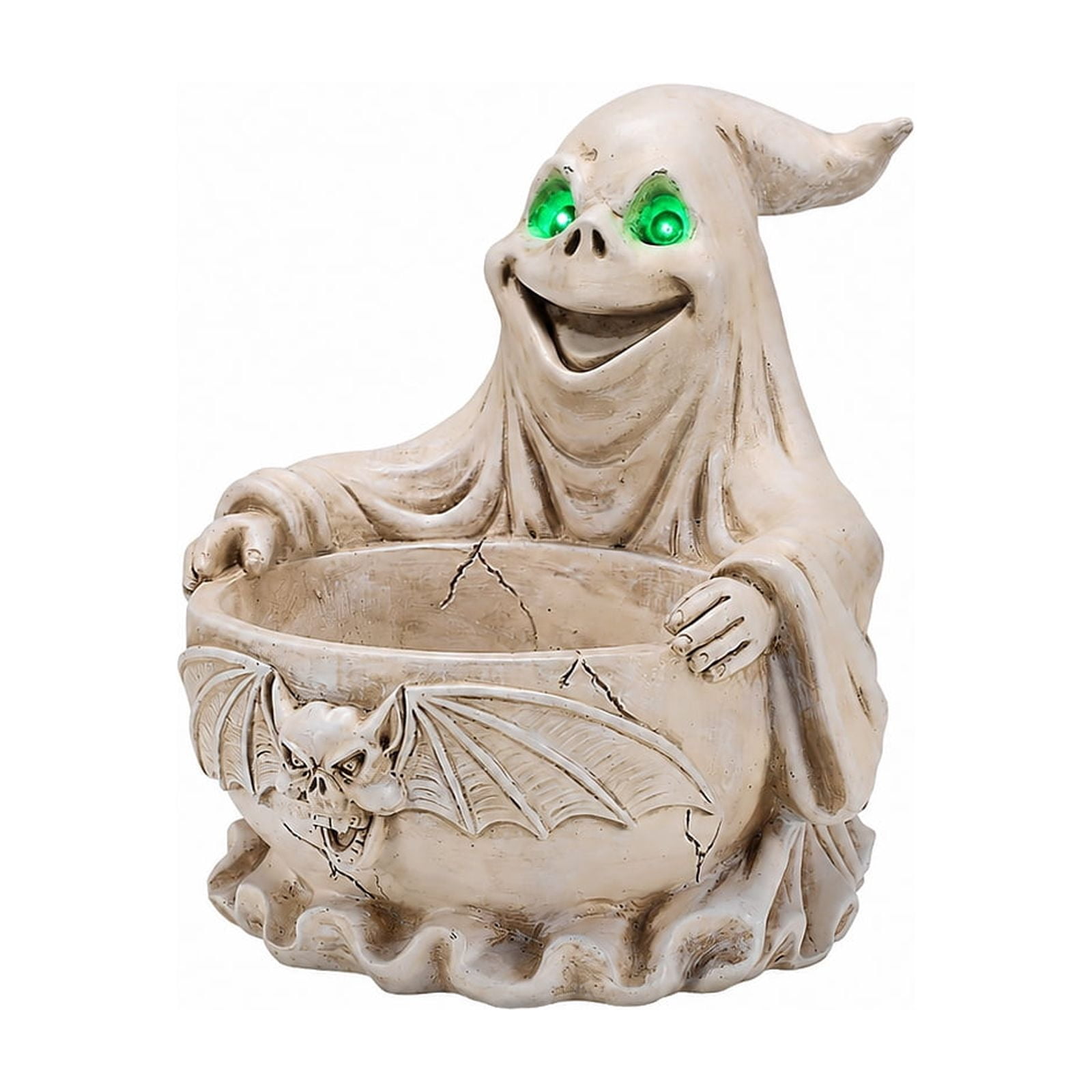 Halloween Ghost Candy Bowl with LED Glowing Eyes Resin Tabletop Decor Bat Design