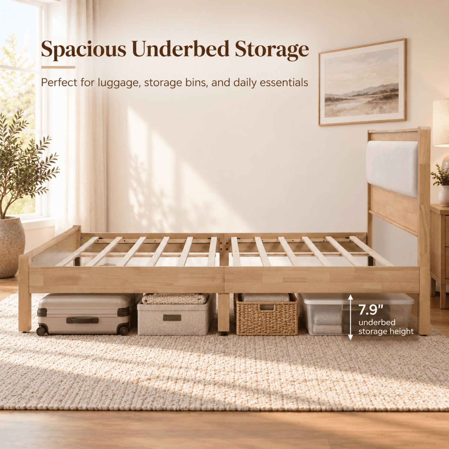 Miniyam Queen Rubberwood Platform Bed Frame with Padded Upholstered Headboard, Natural