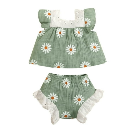 

TAIAOJING Toddler Baby Girl Clothes Set Summer Sleeveless Lace Linen Cotton Daisy Floral T Shirts Tops Ruffle Shorts Outfits For Girl 6-12 Months