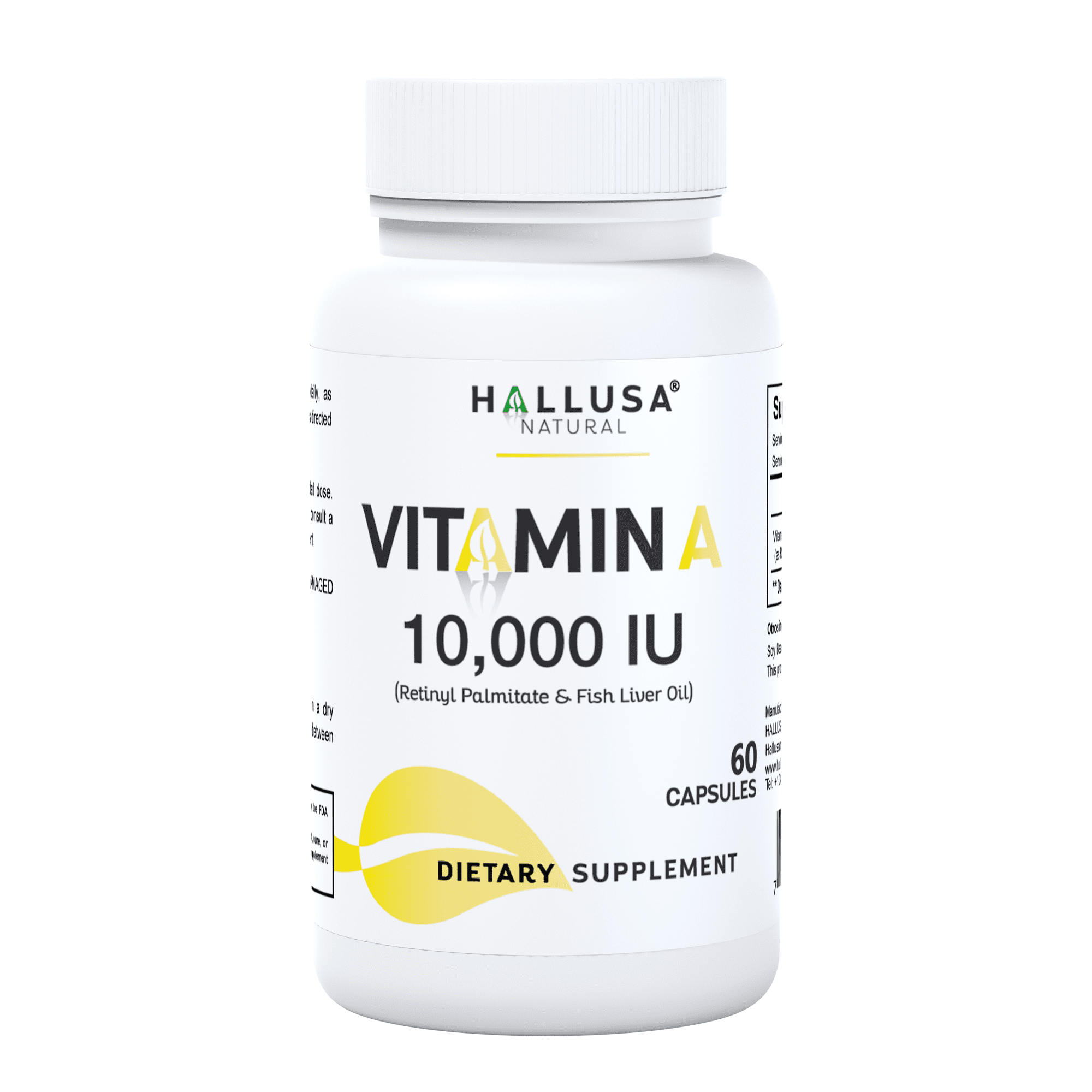 HALLUSA NATURAL Vitamin A 10000 IU, Vision & Eye Support, Retinyl Palmitate, Non-GMO, Gluten-free, Dietary Supplement, 60 Capsules