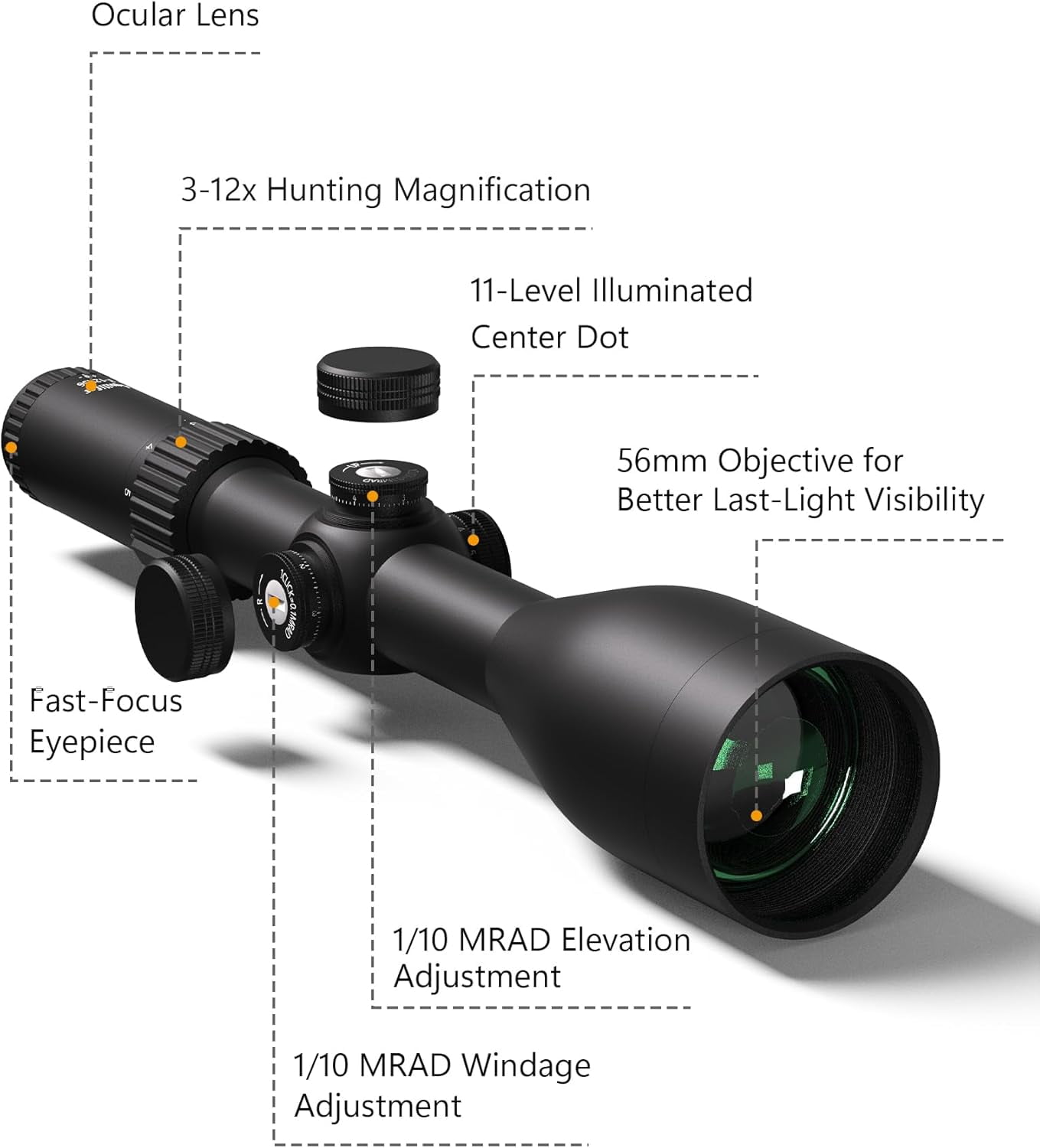 Aquilifer HT 3-12x56 SFP Rifle Scope, Red-Illuminated Mil Dot Reticle, 1/10 MRAD Turrets, 30mm Tube, Low-Light Hunting Optic, Waterproof Fogproof Shockproof Riflescope