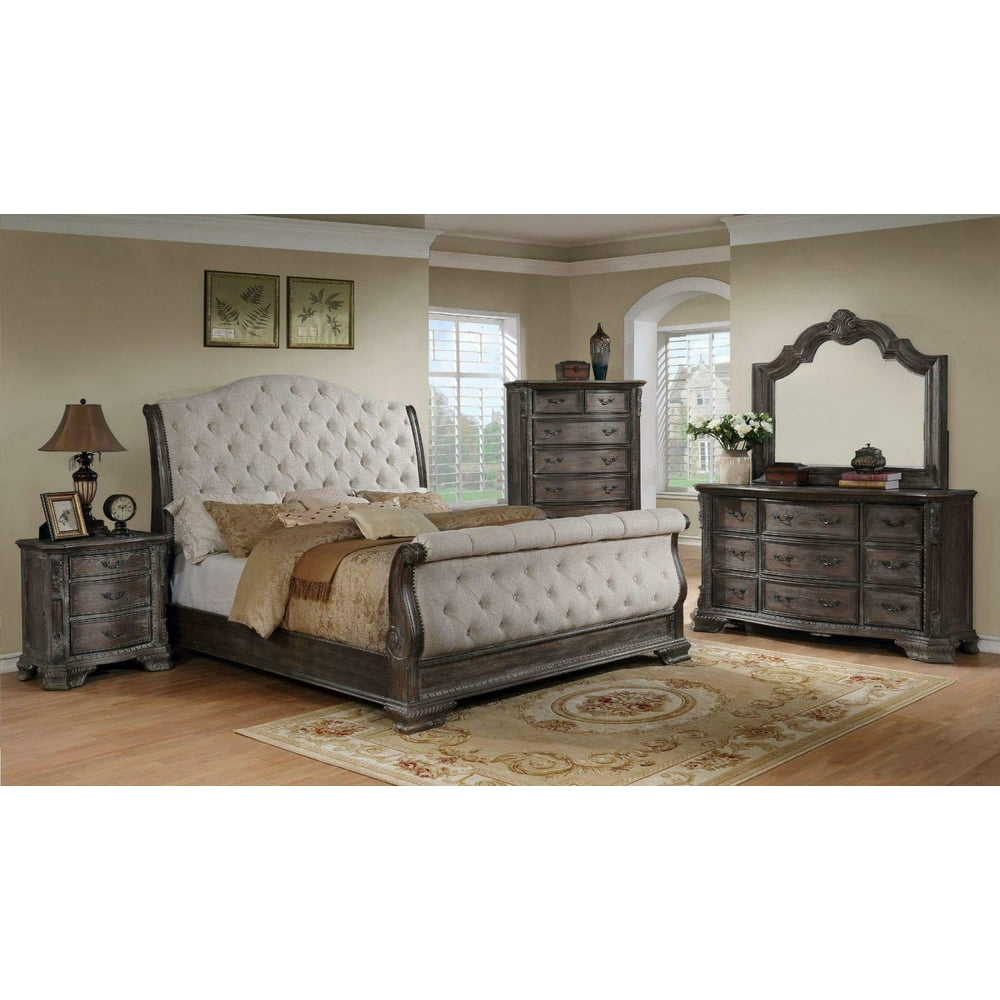 Modern Design Gray Finish 4pcs King Size Bedroom Set w/ Fabric Head