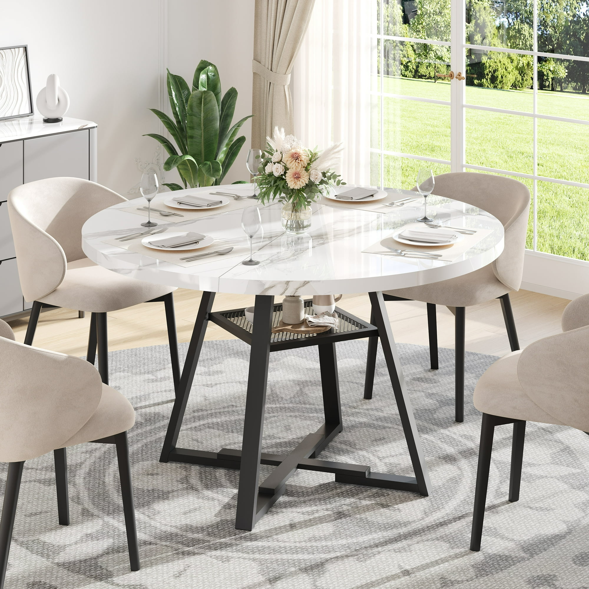 PAPROOS Round Dining Table, 43'' Faux Marble Dining Table with Storage Shelf, Circle Dining Table for Dining Room, Modern Kitchen Table for 4 People, White(Only Table)