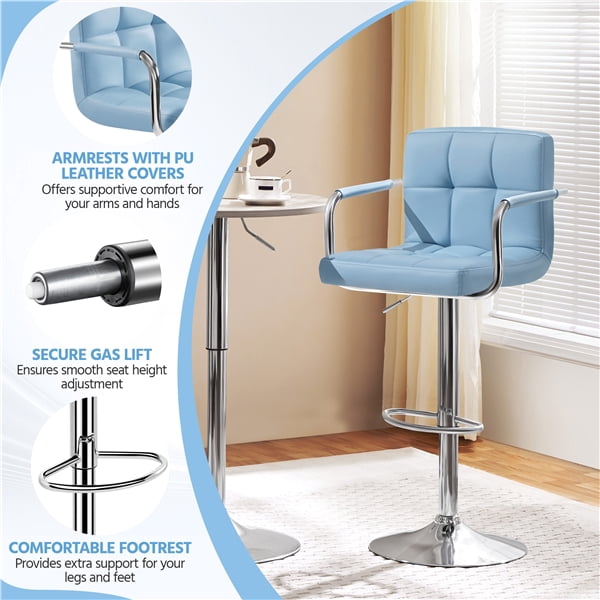 Yaheetech PU Leather Bar Stools with Large Steel Pedestal Base, Set of 2, Blue