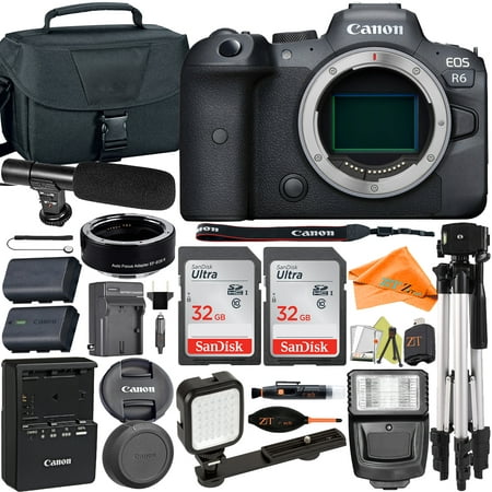 Canon EOS R6 Mirrorless Digital Camera (Body Only) with Mount Adapter + Microphone + 2 Pack SanDisk 32GB + Case + ZeeTech Accessory