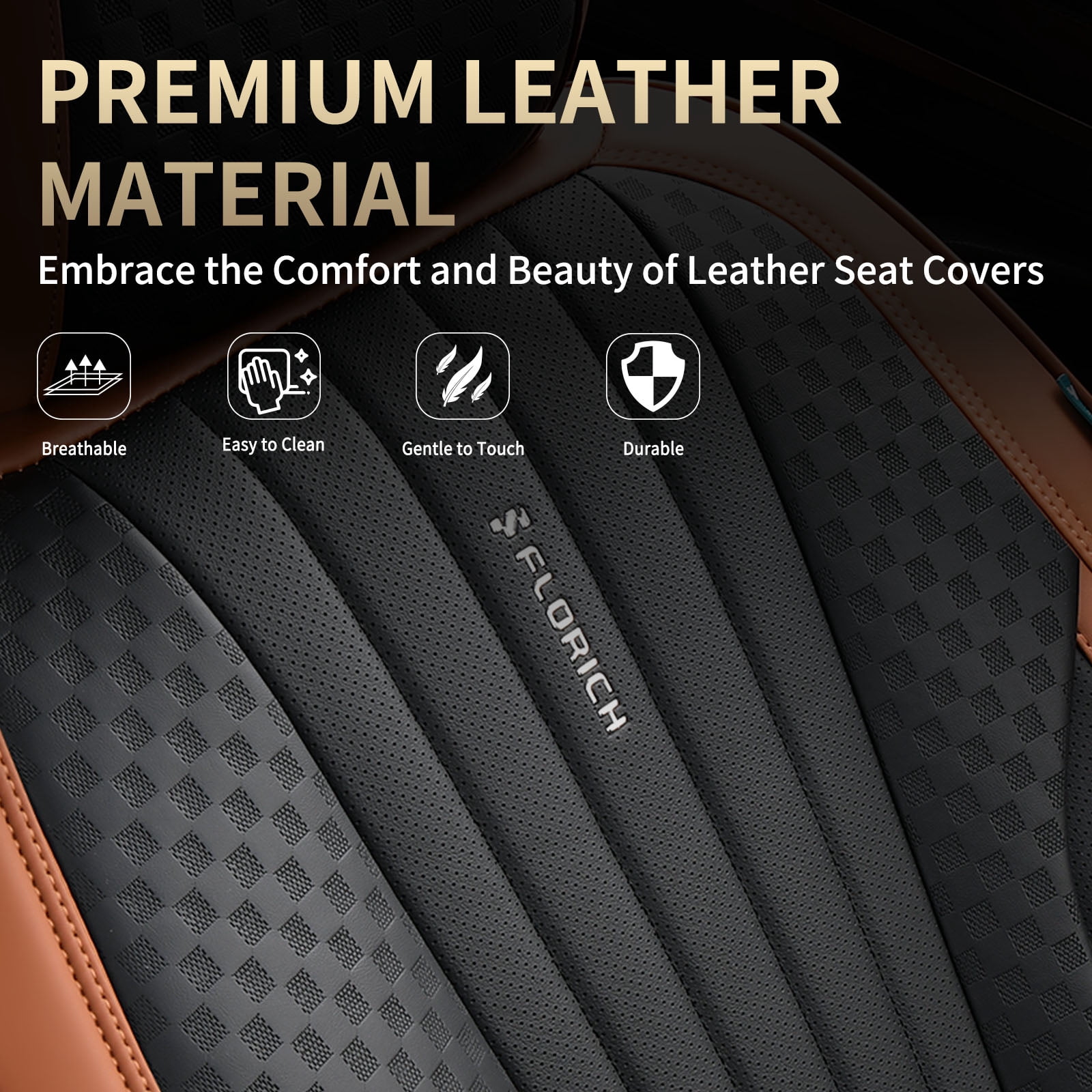 FLORICH Car Seat Covers, 2 Seats Waterproof Faux Leather Seat Cushions, Auto Protectors Universal Fit Most Cars, Black&Brown