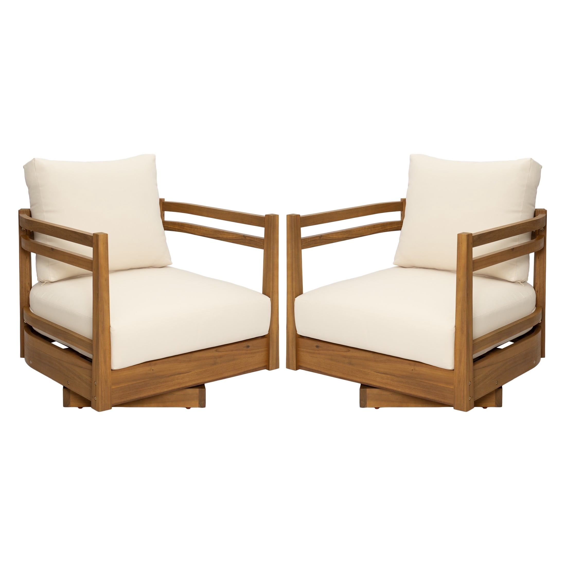 Christopher Knight Home Modern Outdoor Wood 360° Swivel Lounge Chair with Cushions, Natural+Beige, Set of 2