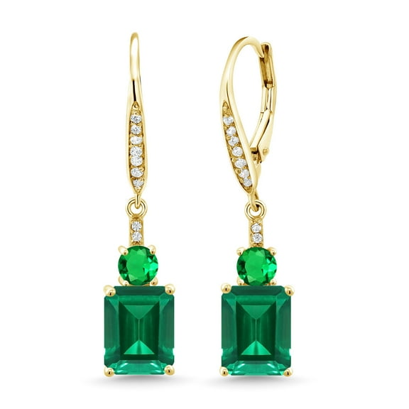 Gem Stone King 18K Yellow Gold Plated Silver Green Nano Emerald Dangle Earrings for Women | 4.60 Cttw | Gemstone May Birthstone | Emerald Cut 9X7MM