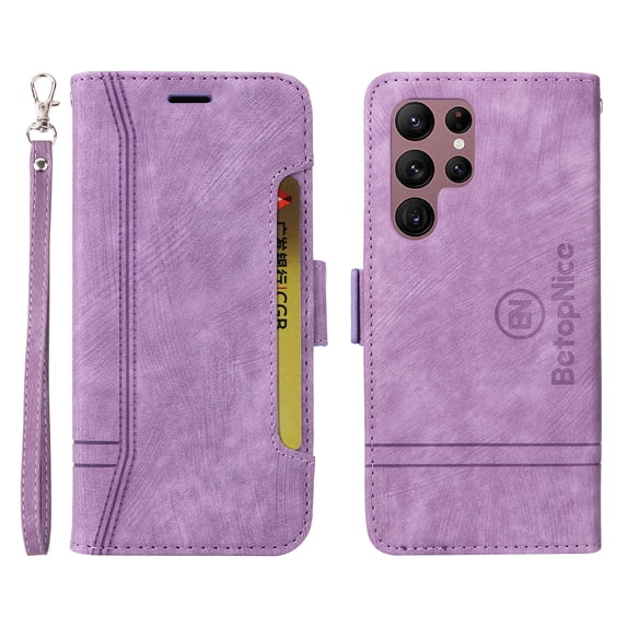 Wallet Case for Samsung Galaxy S23 Ultra, Wrist Hand Strap Premium PU Leather TPU Shockproof Flip Cover with Kickstand Card Slots Holder Magnetic Clasp Case for Samsung Galaxy S23 Ultra, Purple