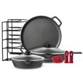 thumbnail image 1 of Juego de utensilios de cocina de hierro fundido Cuisinel - Kit de 9 piezas precuradas: Sartén de 25 cm y 30 cm + Tapas de vidrio + Bandeja para pizza + Organizador de bandejas + Fundas de silicona par, 1 of 5
