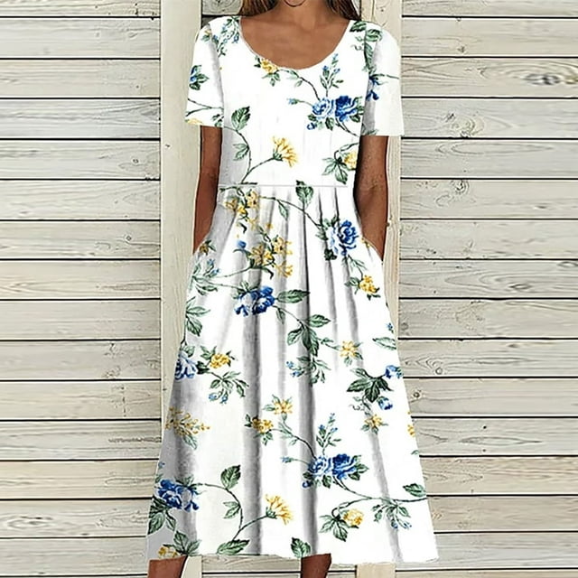 AMERTEER Robes Midi pour Femmes Été Décontractées Amples Bohèmes à Imprimé Floral Col Ras du Cou Manches Courtes Longueur Genou Robe Froncée avec Poches