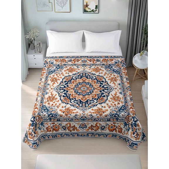 Blue Burnt Orange Boho Twim XL Size Flat Sheet, Wrinkleproof & Fadeproof Cooling Flat Bed Sheet Only, Antique Southwestern Ethnic Breathable Soft Bedding Top Sheets 66 x 102 Inches