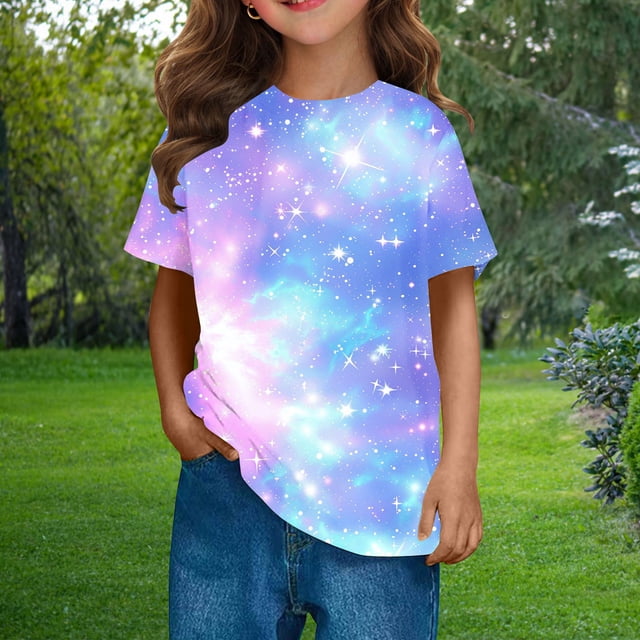 Zpanxa T-Shirts pour Filles Imprimé Ciel Étoilé Col Rond Manches Courtes Décontracté Polyester Spandex Topxx 7 Ans