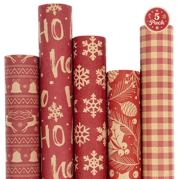 Leyaron Christmas Wrapping Paper, 5 Rolls 17 Inch x 9.8 Ft Christmas Kraft Gift Wrapping Paper with Stickers for Gift Box Party Favors Supplies Xmas