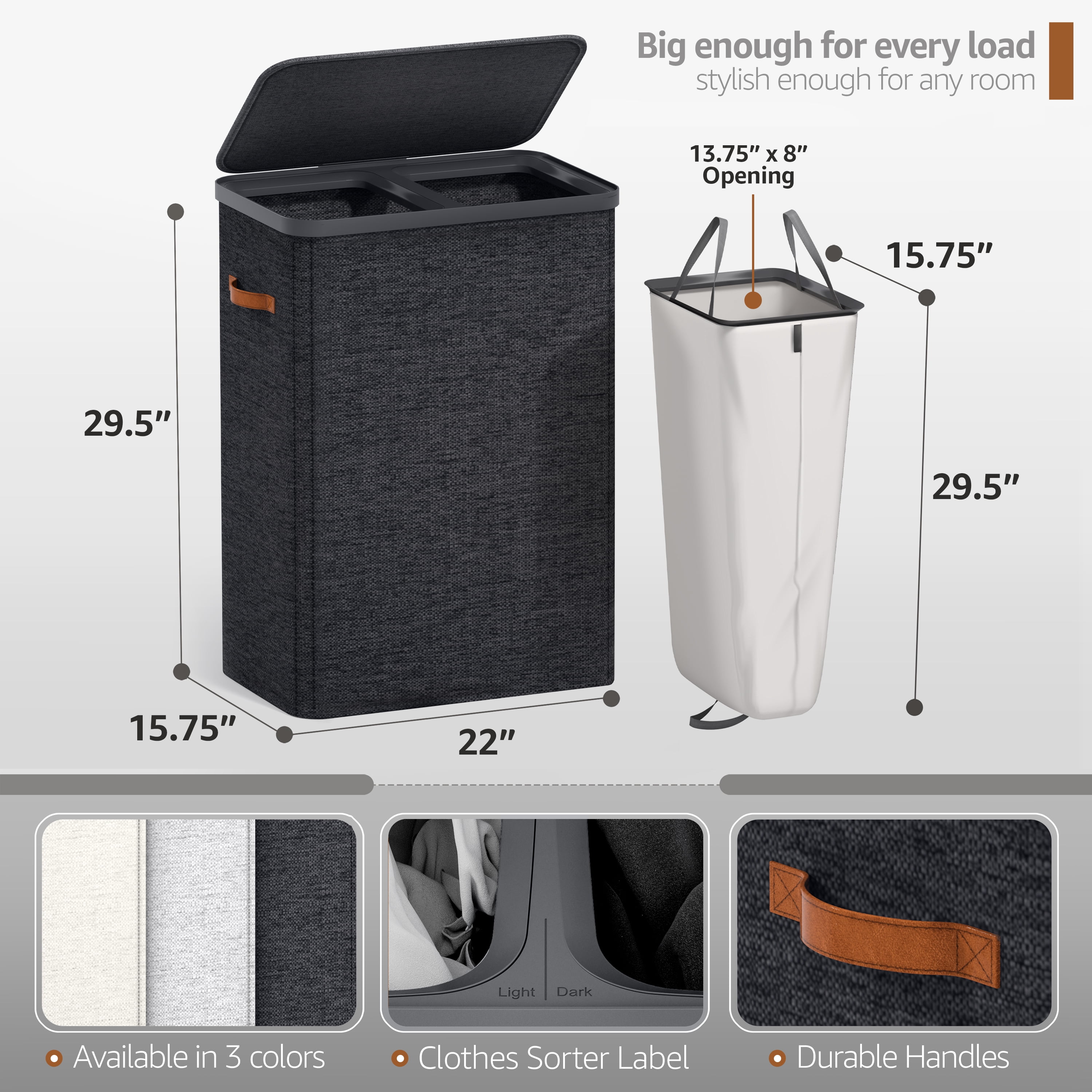 Sorbus Collapsible Fabric Laundry Hamper with Removable Bag, 2 Compartment, Black