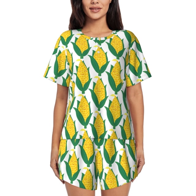 Fotbe Corn Cob Conjunto de Pijama Estampado para Mujer, 2 Piezas, Ropa de Dormir con Camiseta de Manga Corta y Shorts Suaves-Small