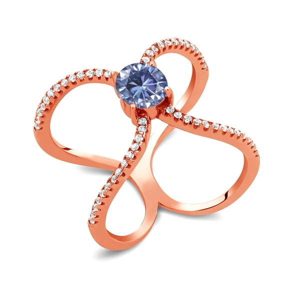 Gem Stone King 18K Rose Gold Plated Silver Ring Round Persian Blue Moissanite and (1.38 Cttw, Size 5)