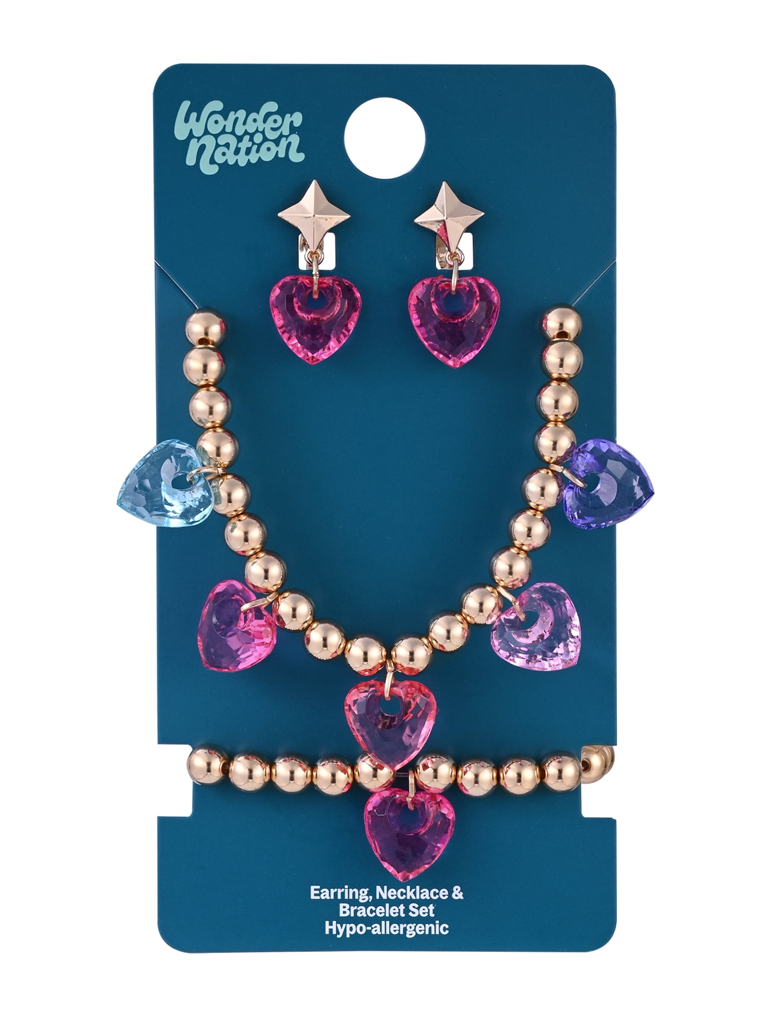 Wonder Nation Goldtone Beads Acrylic Multi Heart Drops Necklace, Bracelet & Earring Set