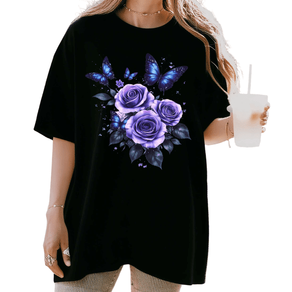 UNISHE Women's Watercolor Purple Rose and Blue Butterfly Graphic Short Sleeve T-Shirt Casual Cotton Crewneck Top