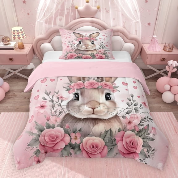Erosebridal Happy Easter Rabbit Twin Comforter Sets for Girls, Pink Flower Bedding Set, Pink Reversible 2-Piece, 1 Comforter and 1 Pillowcase