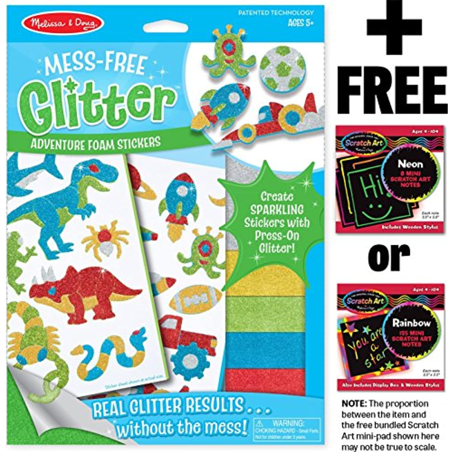 Melissa & Doug Adventure Foam Stickers Mess Free Glitter Series & 1 Scratch Art MiniPad