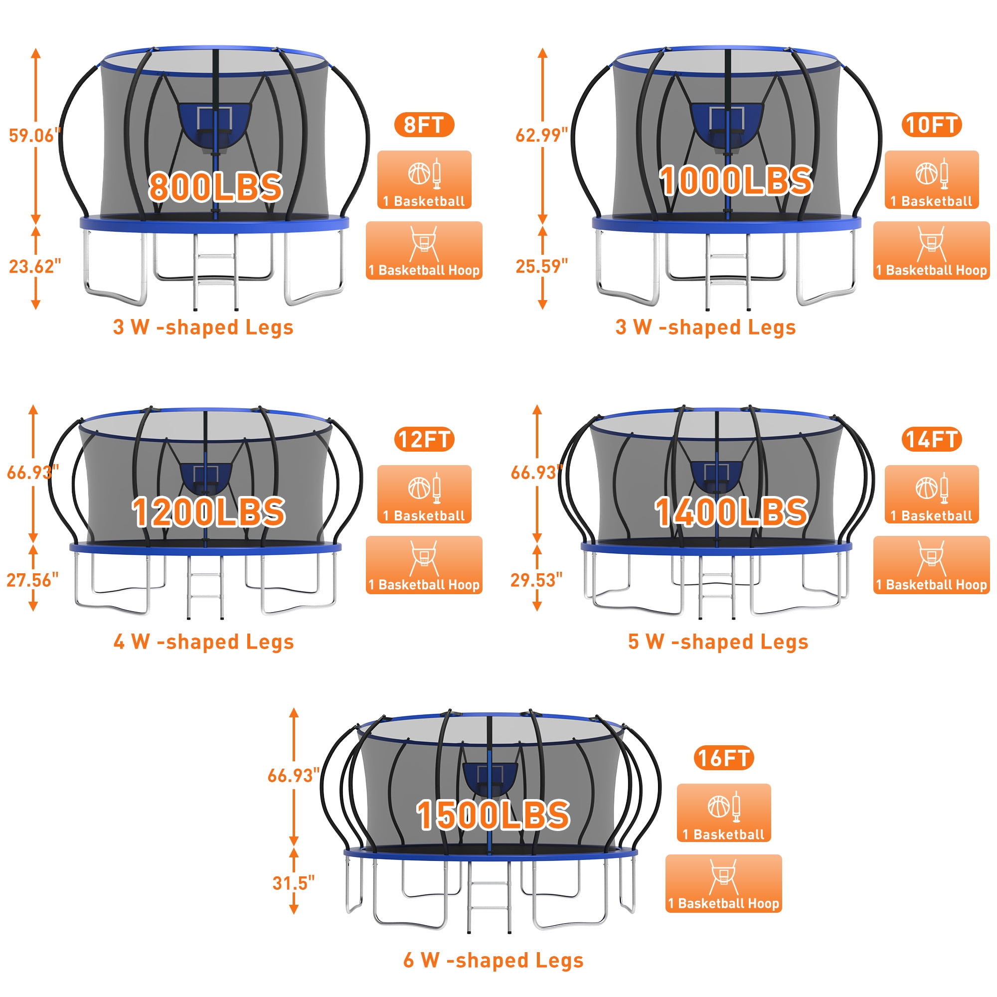 WOWLAND Trampoline 16FT for Kids and Adults with Lights, 1500LBS Heavy Duty Trampoline Outdoor with Enclosure Net and Basketball Hoop, Recreational Backyard Trampoline, Easy Assembly, Birthday Gift
