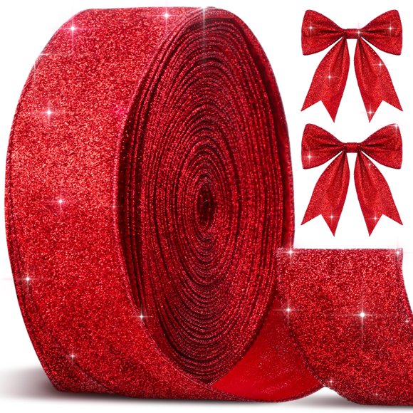Cinta navideña con purpurina roja, 6,3 cm x 45 m, poliéster
