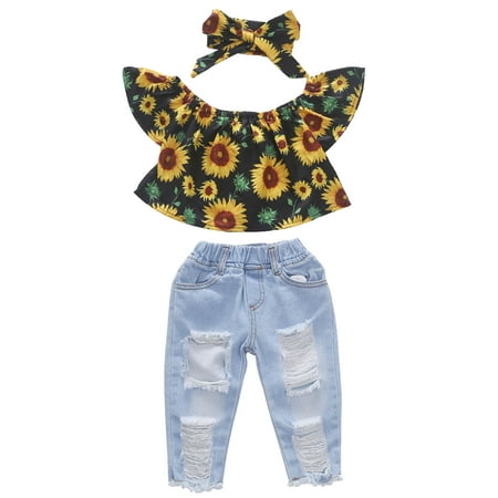 

ASEIDFNSA Girls Pants Suit New Born Clothes for Girls Toddler Girls Outfit Fly Sleeves Sunflower Prints Tops Jeans Pants Hairband 3Pcs Set Outfits