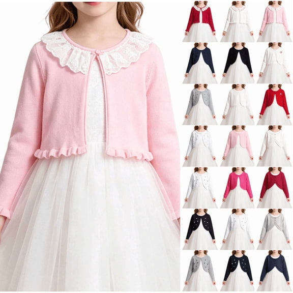Bolero Shrug Cardigan For Girls Long Sleeve Button Down Cropped Sweater Cute Casual Fashion Knitted Jackets (2-3 Years, Pink)