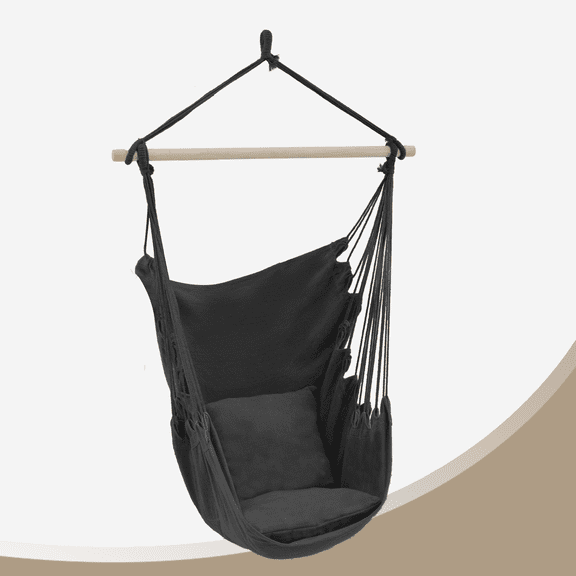 BEZT Macrame Cotton Hanging Chair Swing w/ Side Pocket, Rope and Porch 2 Cushions